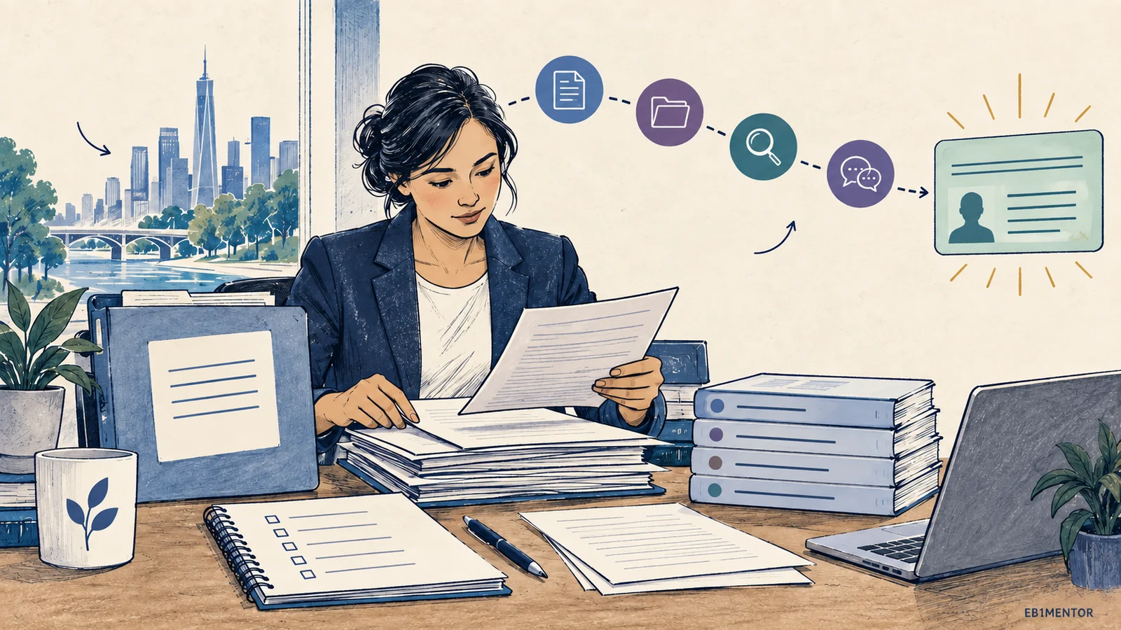 Editorial sketch showing an in-country professional organizing an adjustment of status application process