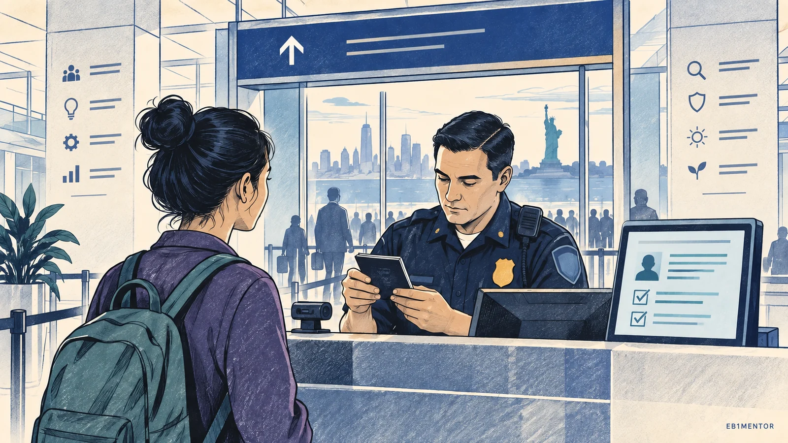 Editorial sketch showing a traveler presenting documents for inspection at an entry gateway