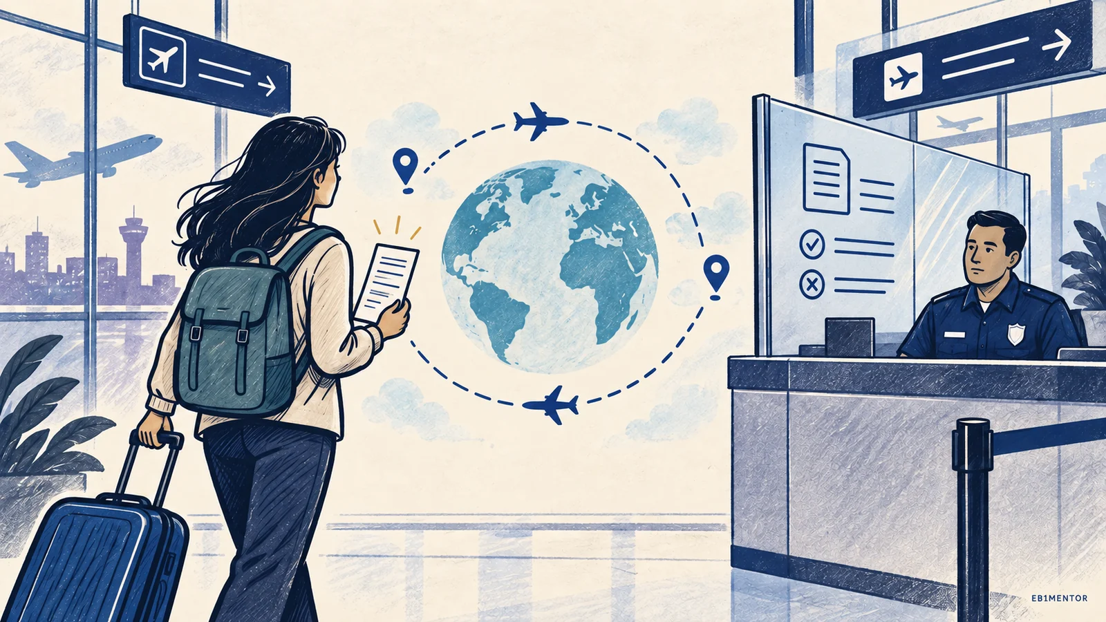 Editorial sketch showing authorized travel followed by a separate inspection on return