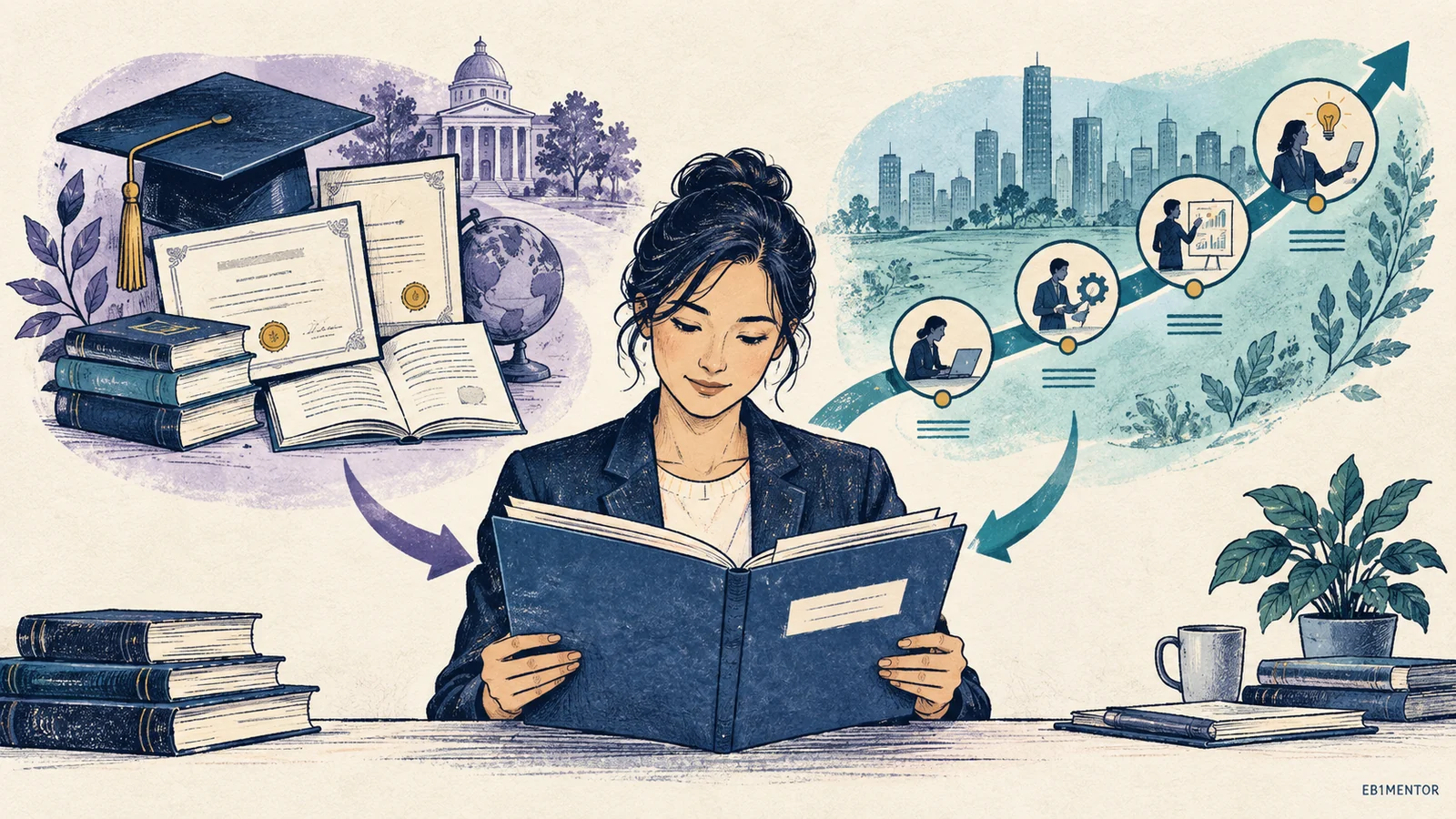 Editorial sketch connecting advanced academic credentials with progressive professional experience
