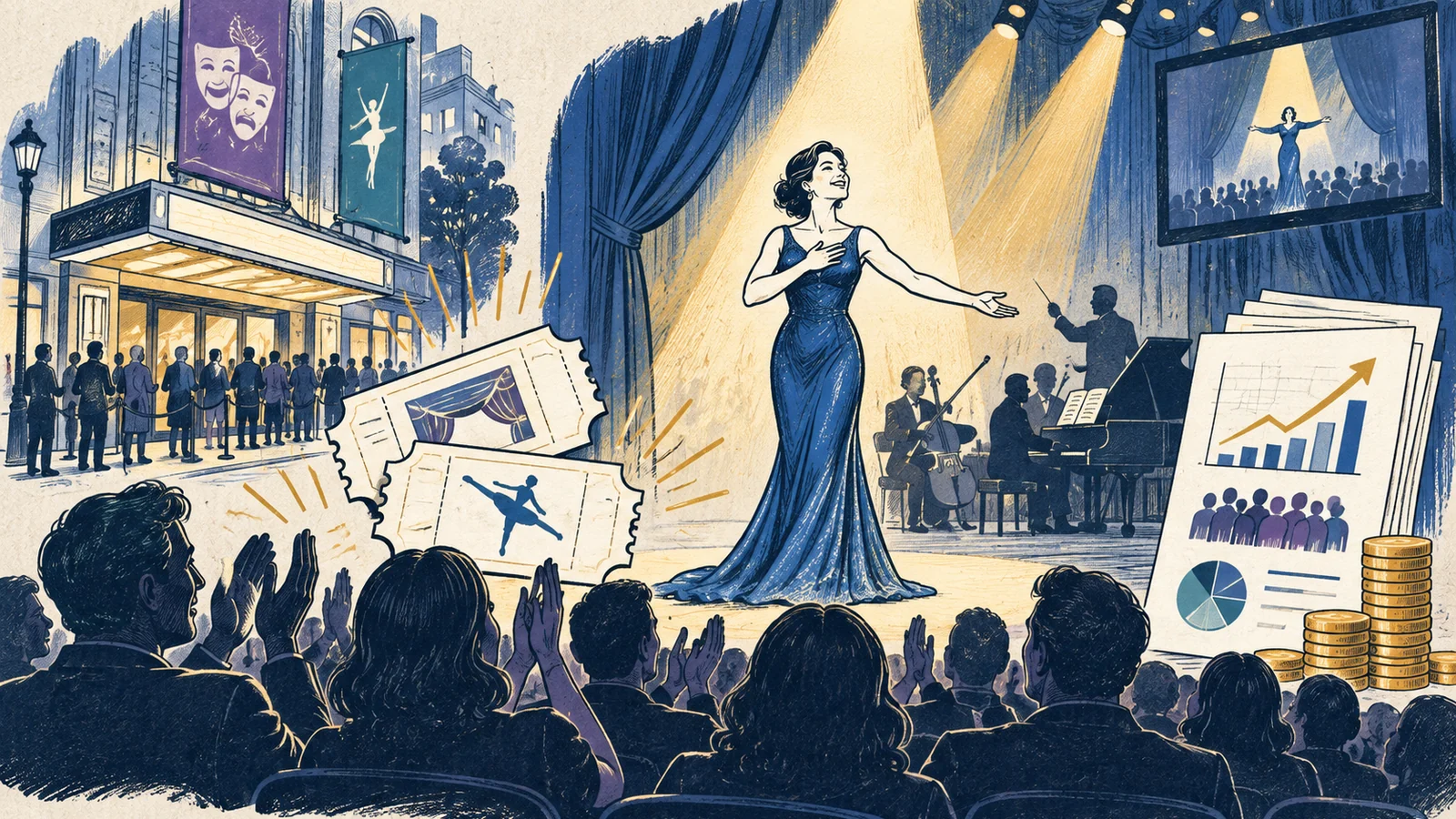 Editorial sketch illustrating Commercial Success in the Performing Arts