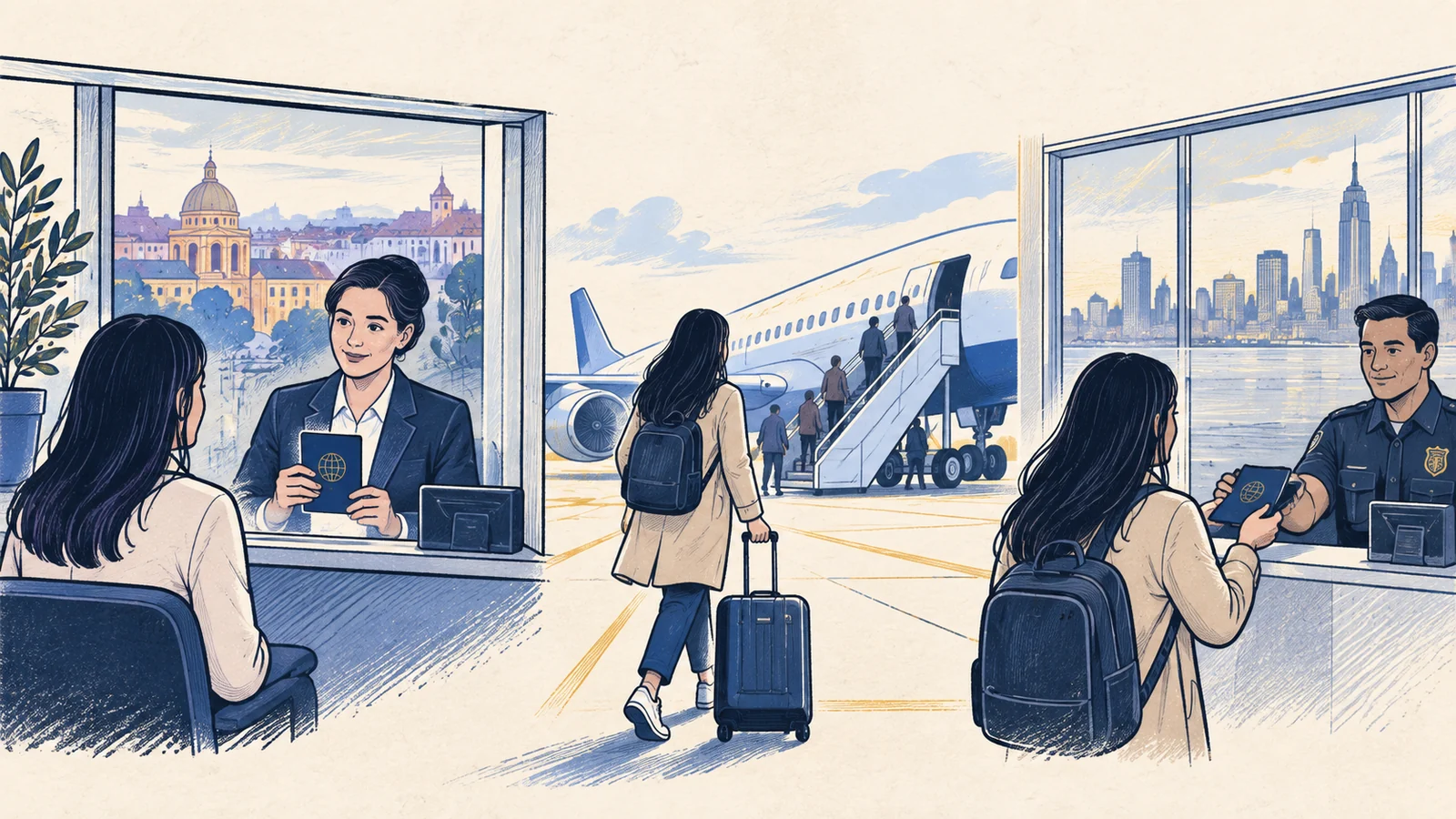 Editorial sketch illustrating Consular Processing