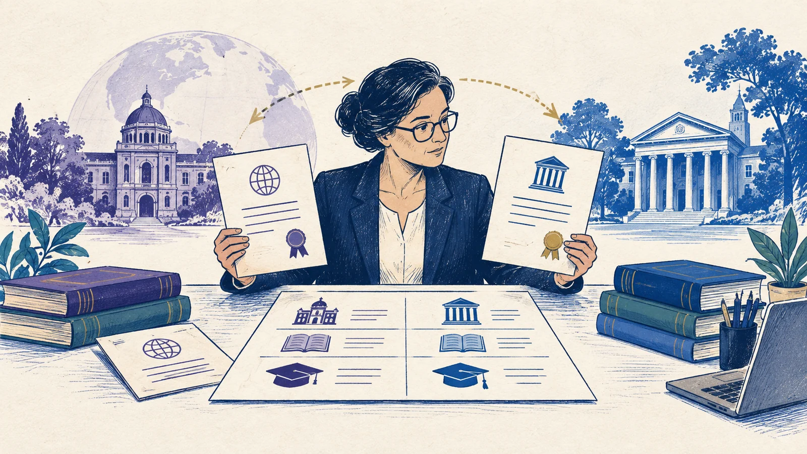 Editorial sketch illustrating Credential Evaluation