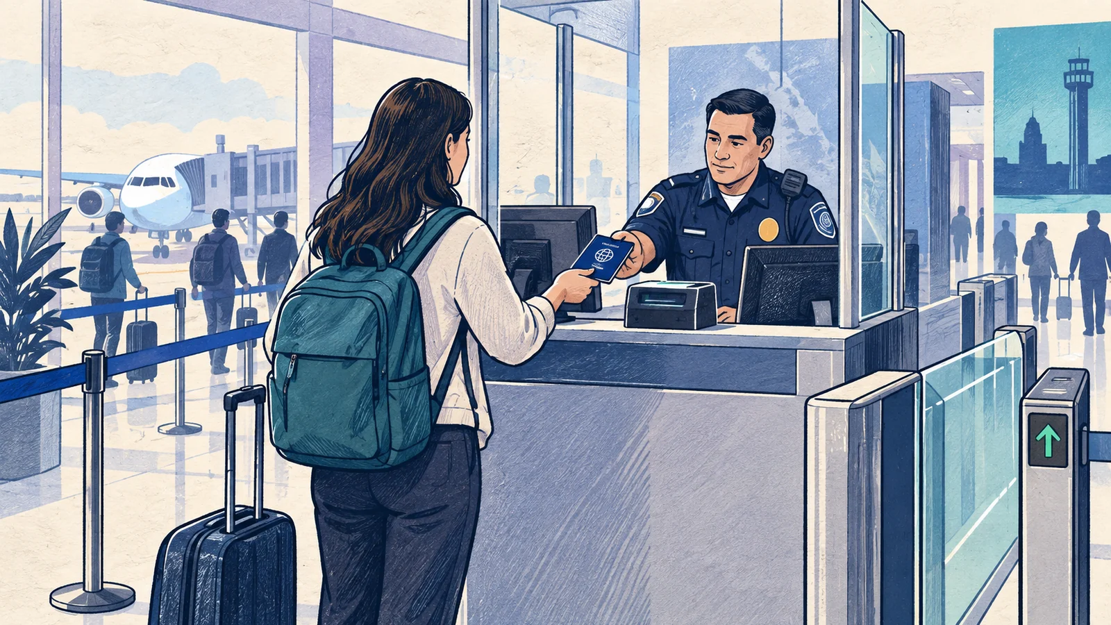 Editorial sketch illustrating Customs and Border Protection