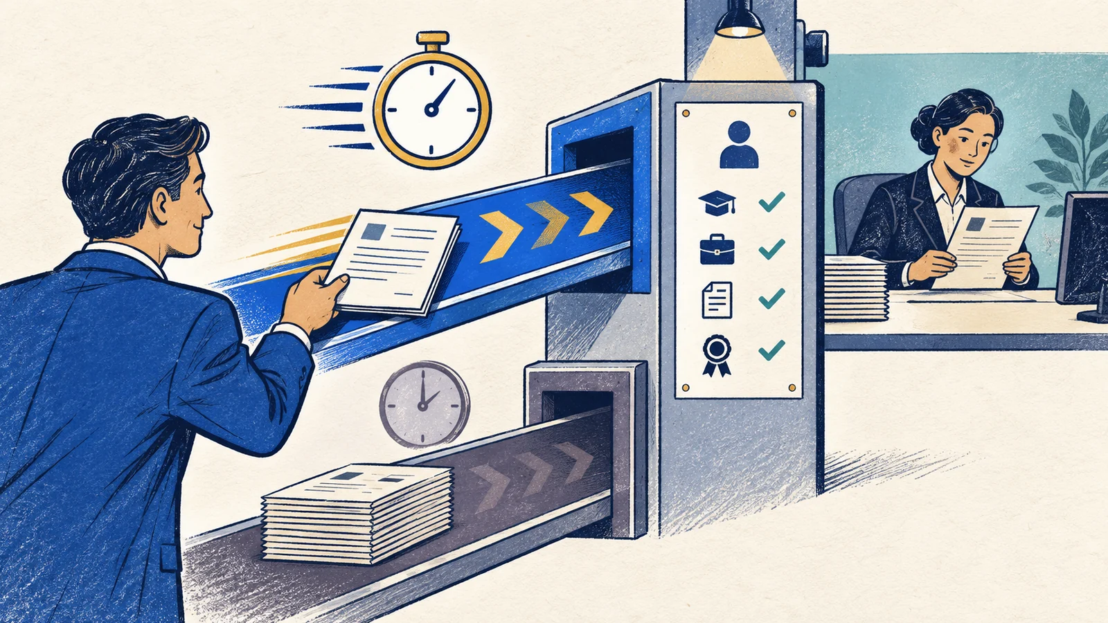 Editorial sketch illustrating Form I-907