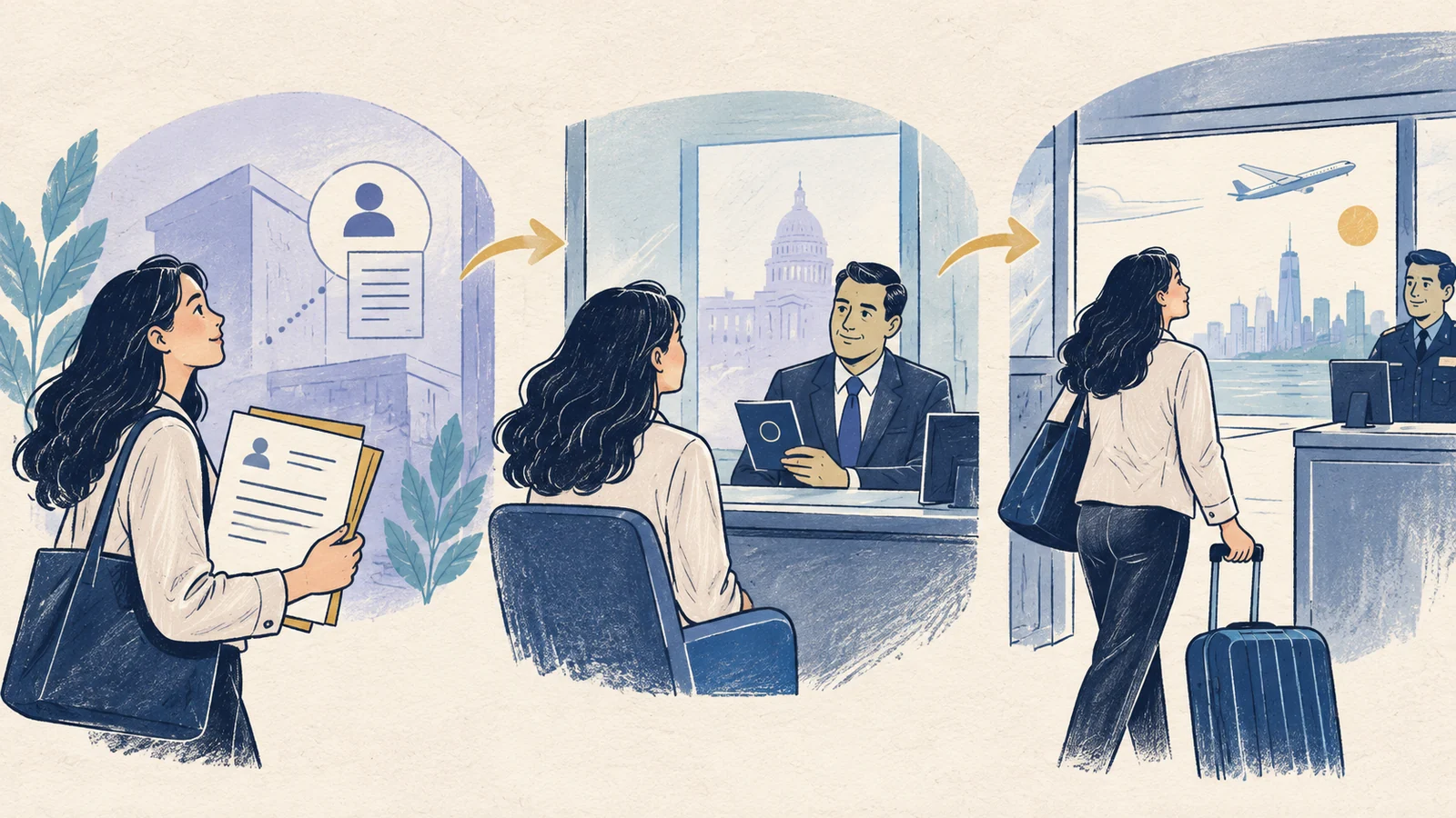 Editorial sketch illustrating Immigrant Visa