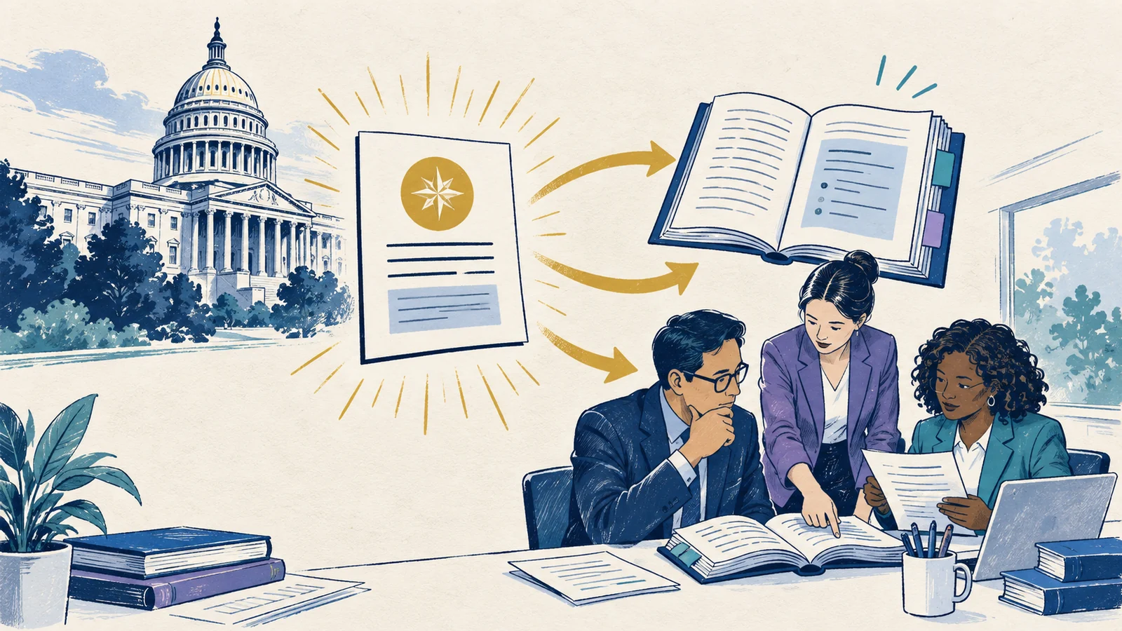 Editorial sketch illustrating Policy Alert