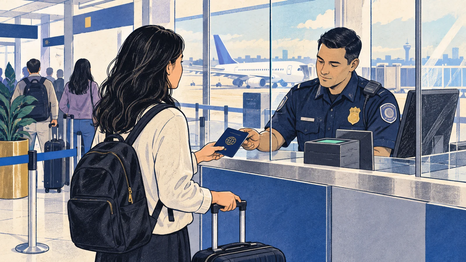 Editorial sketch illustrating Port of Entry