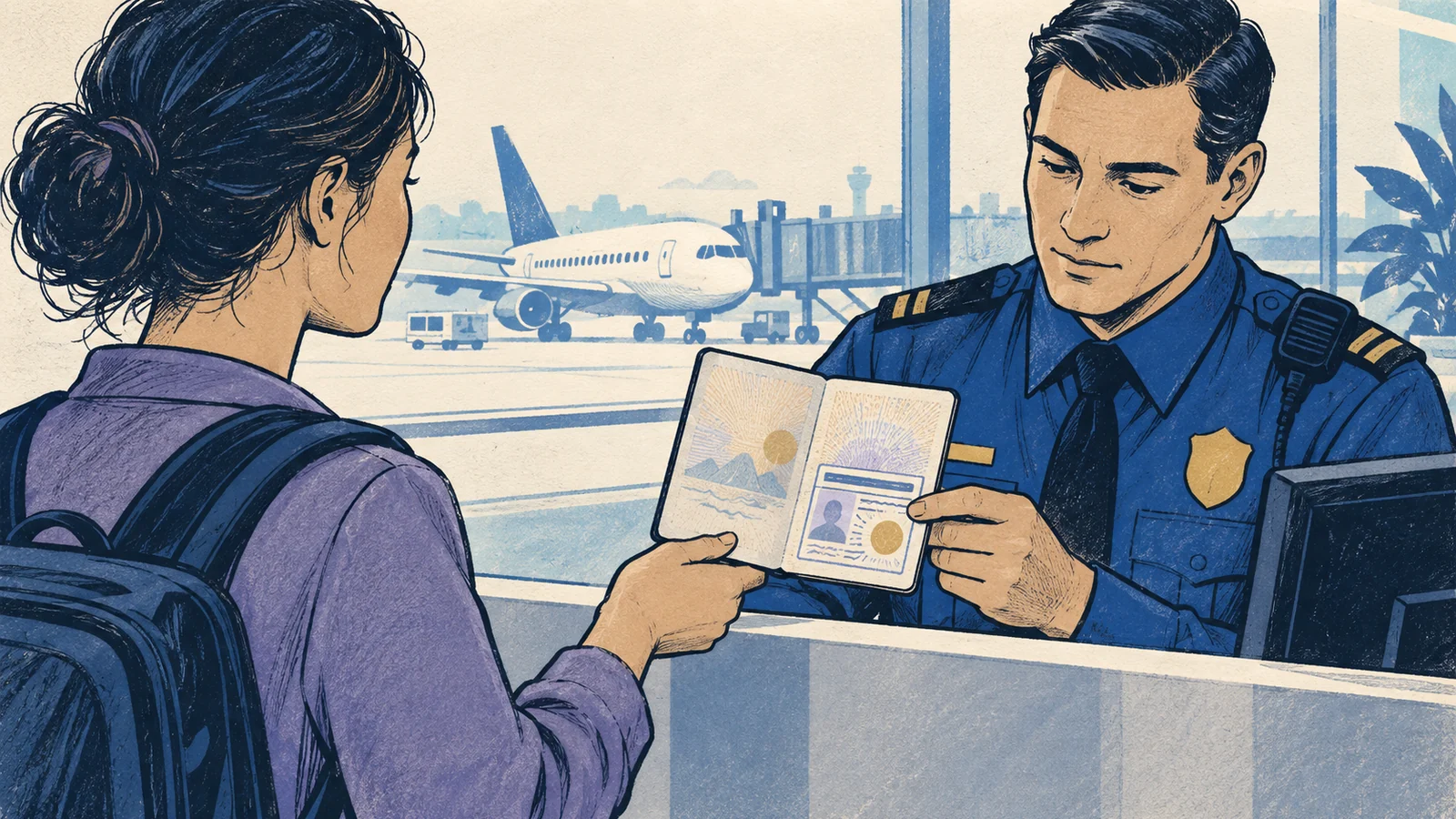 Editorial sketch illustrating Visa Stamp