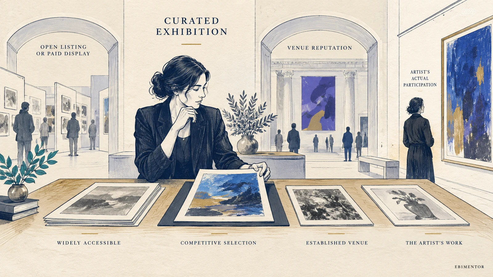 Editorial sketch illustrating Proving Exhibition Selectivity, Reputation, and the Artist’s Participation