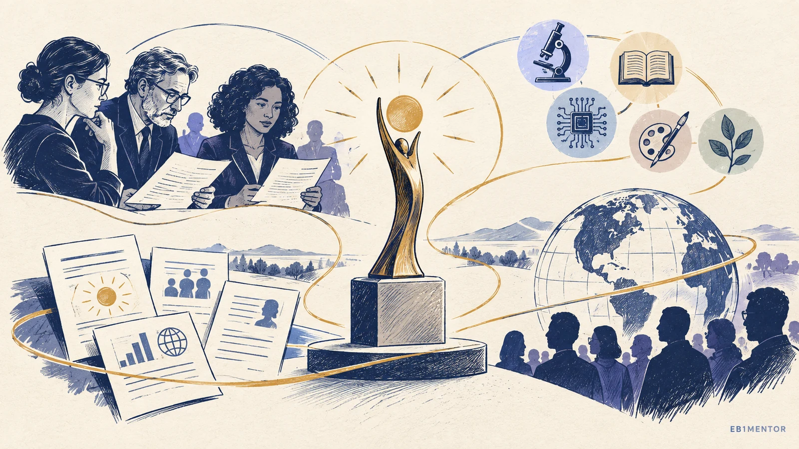 Editorial sketch illustrating EB-1A Awards: What Counts as National or International Recognition?