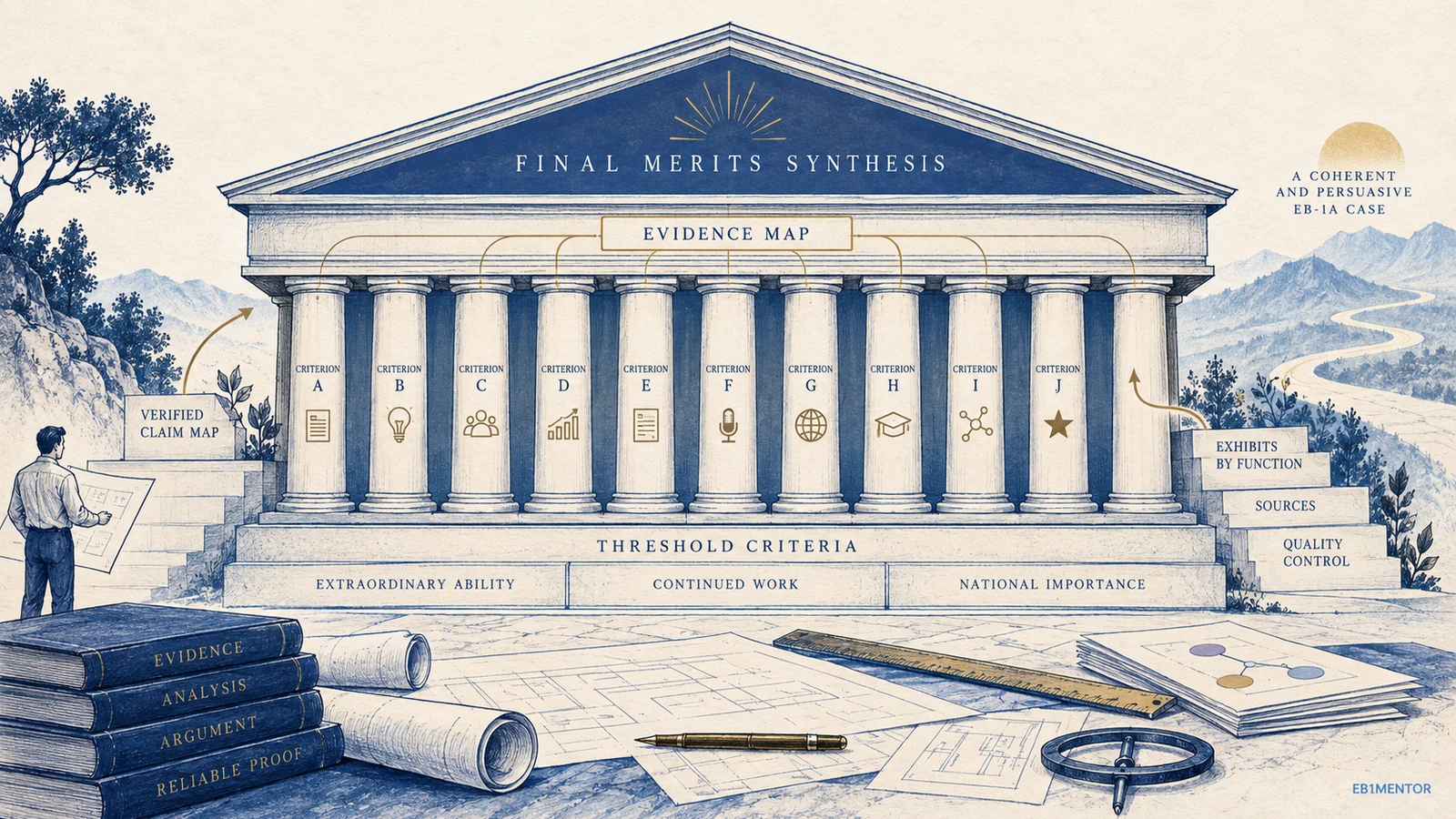 Editorial sketch illustrating EB-1A Case Architecture: From Threshold Criteria to Final Merits
