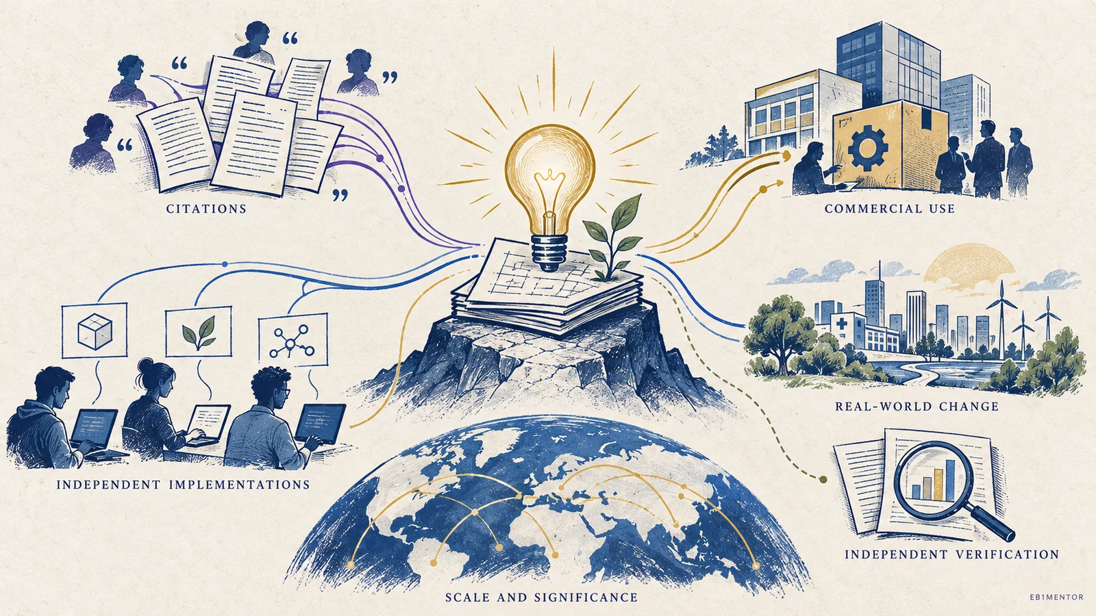 Editorial sketch illustrating Adoption, Citations, Commercial Use, and Other Contribution-Impact Evidence