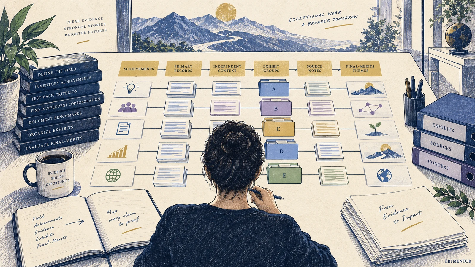 Editorial sketch illustrating EB-1A Evidence Planning and Exhibit Organization Guide