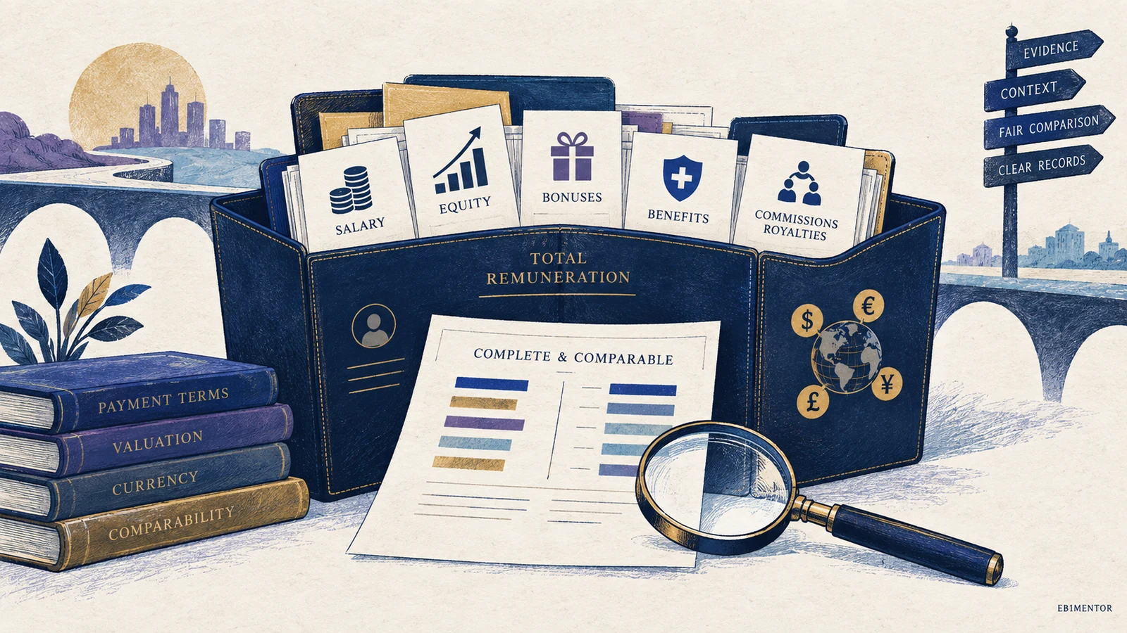 Editorial sketch illustrating Documenting Salary, Equity, Bonuses, and Other Remuneration