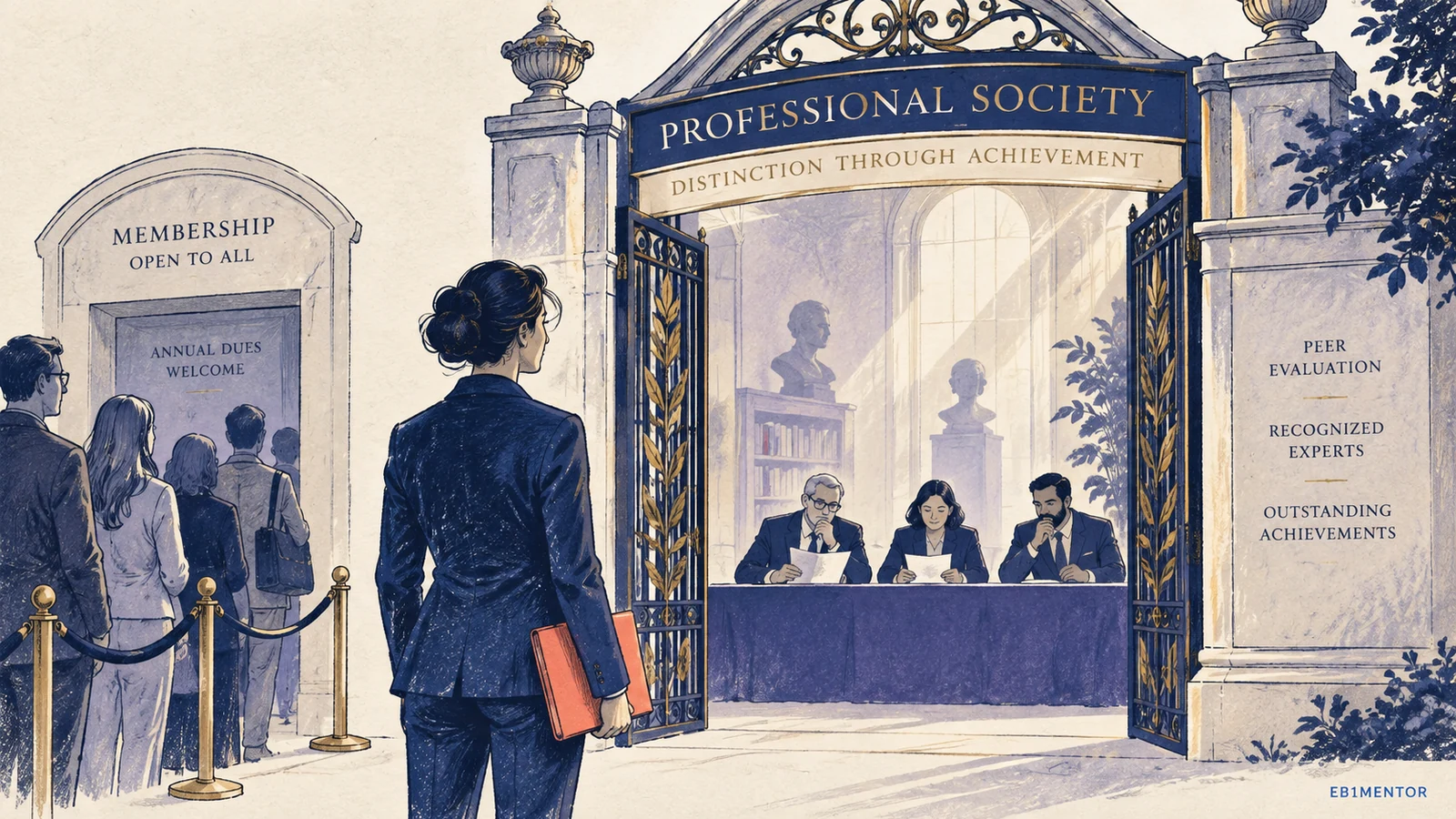 Editorial sketch illustrating EB-1A Memberships: Qualifying Outstanding-Achievement Standards