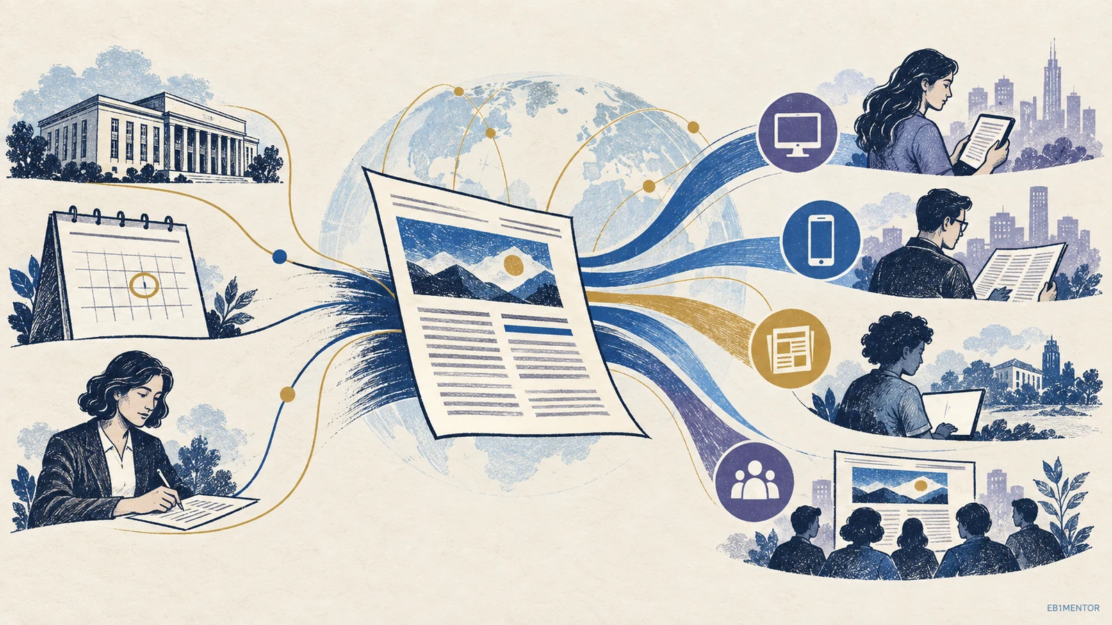 Editorial sketch illustrating Documenting Publication Reach, Audience, Date, and Authorship