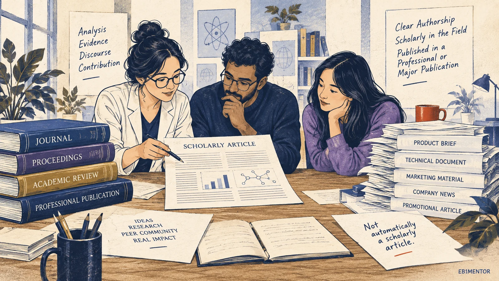 Editorial sketch illustrating What Counts as a Scholarly Article for EB-1A?