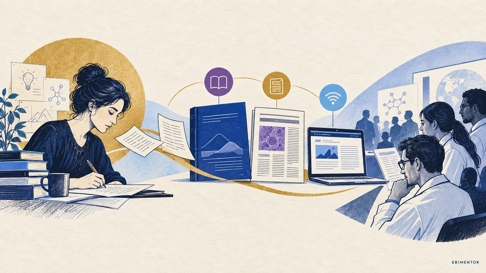 Editorial sketch illustrating Documenting Authorship, Publication Type, and Intended Audience