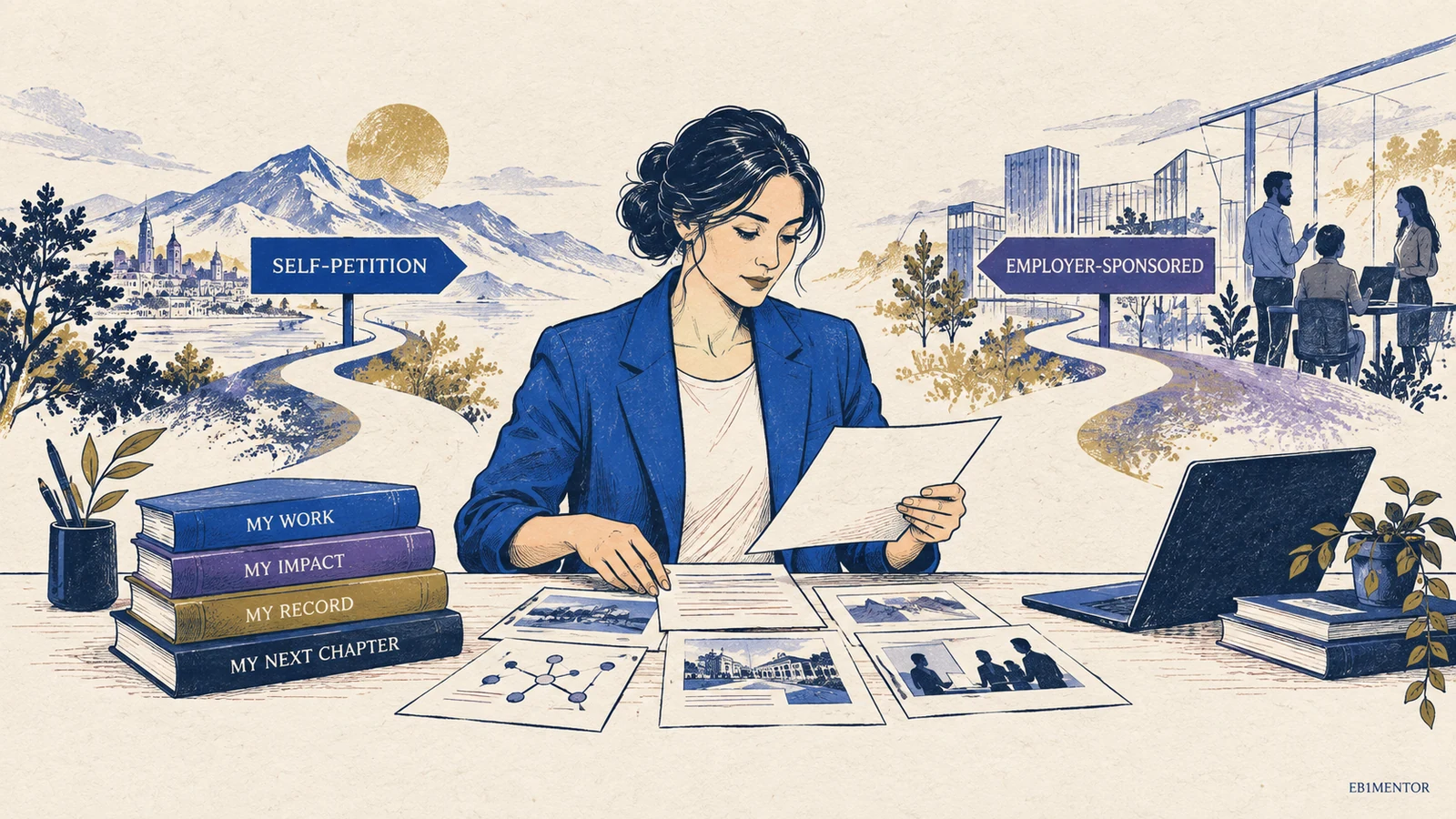 Editorial sketch illustrating EB-1A Self-Petitioning and Employer-Sponsored Petitions