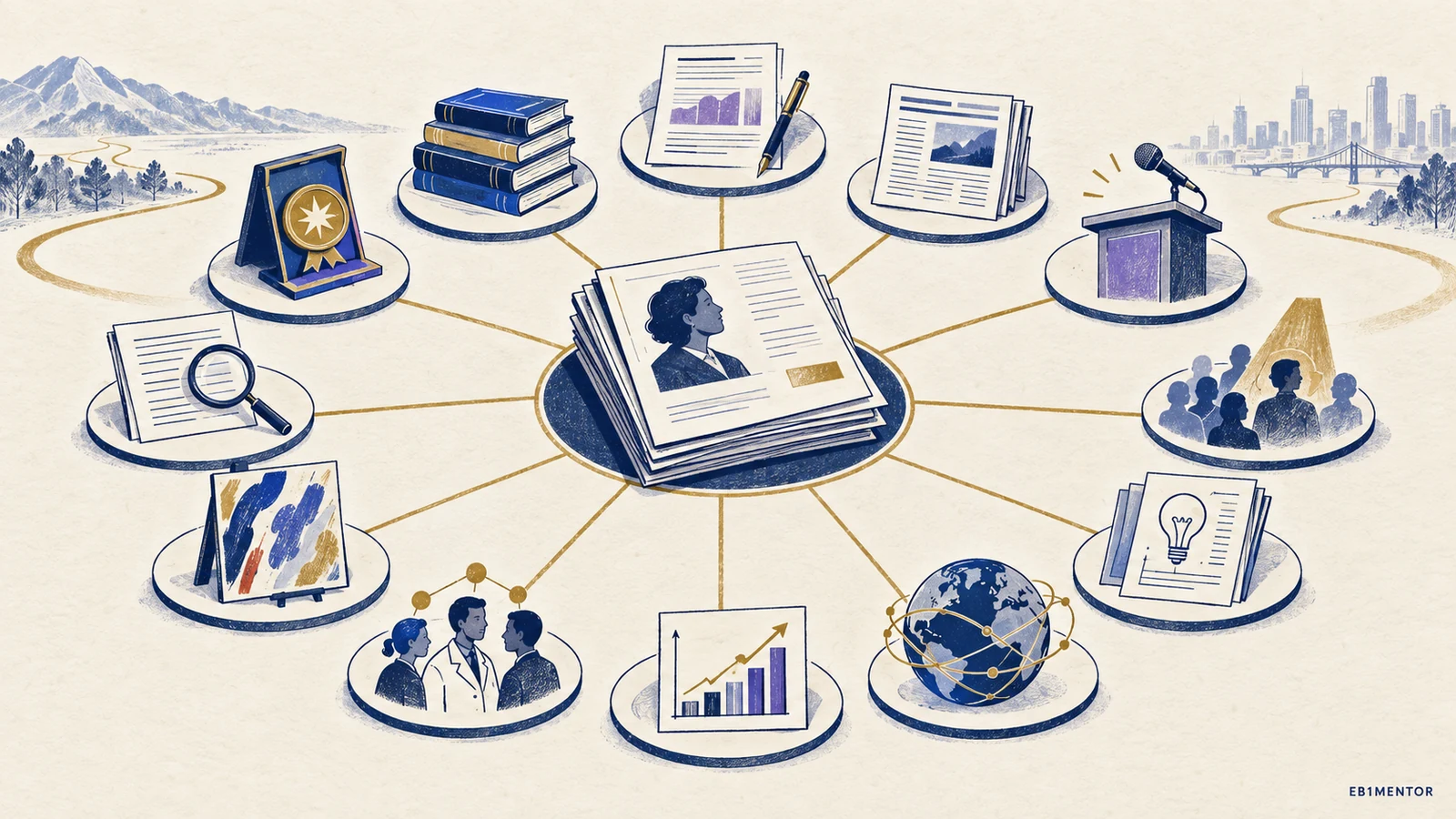 Editorial sketch illustrating The Ten EB-1A Evidentiary Criteria Explained