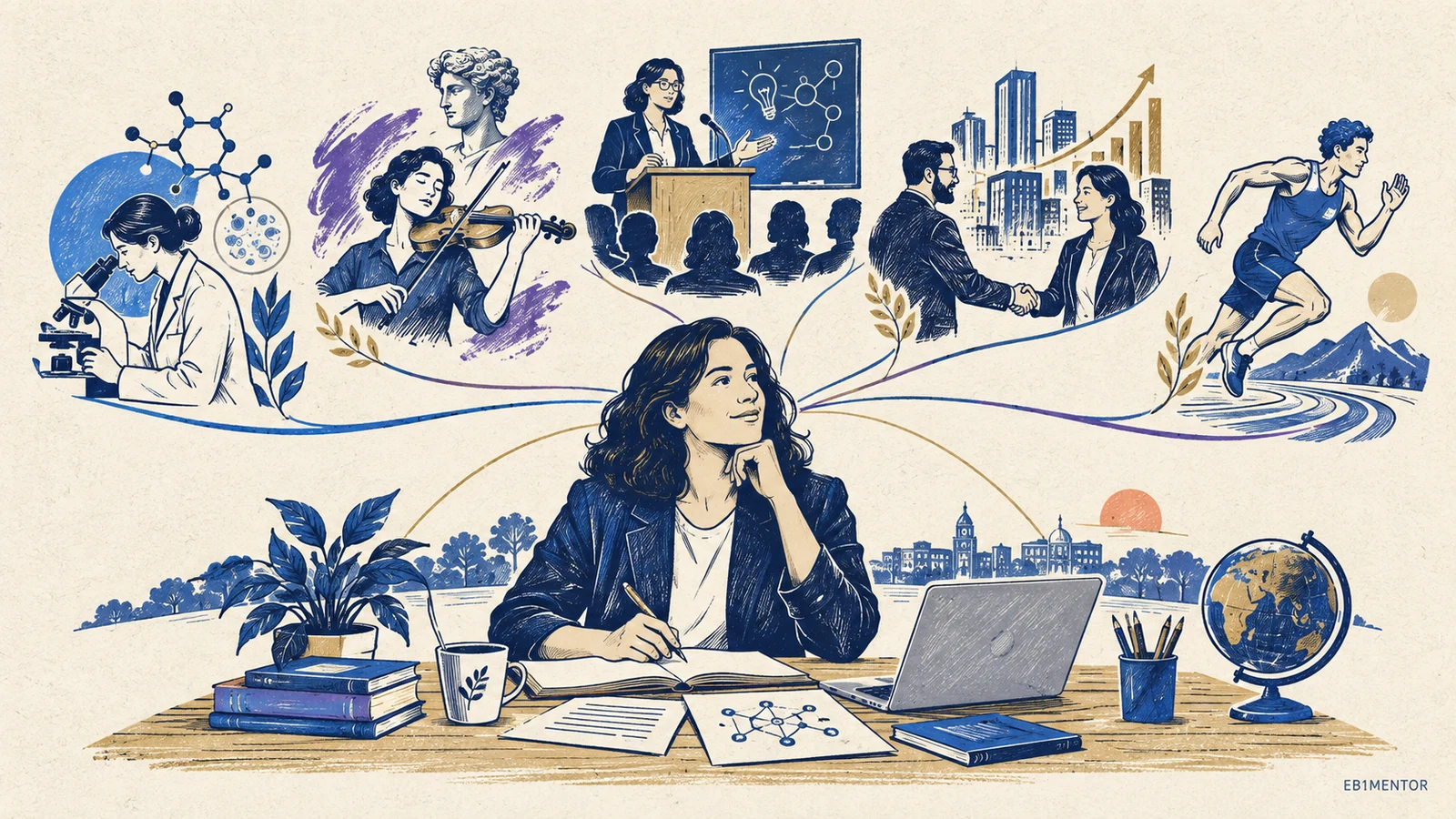 Editorial sketch of a professional profile connecting achievement across science, arts, education, business, and athletics