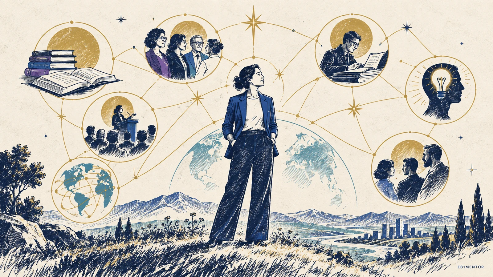 Editorial sketch of a professional surrounded by connected evidence of leadership, impact, peer recognition, and industry visibility