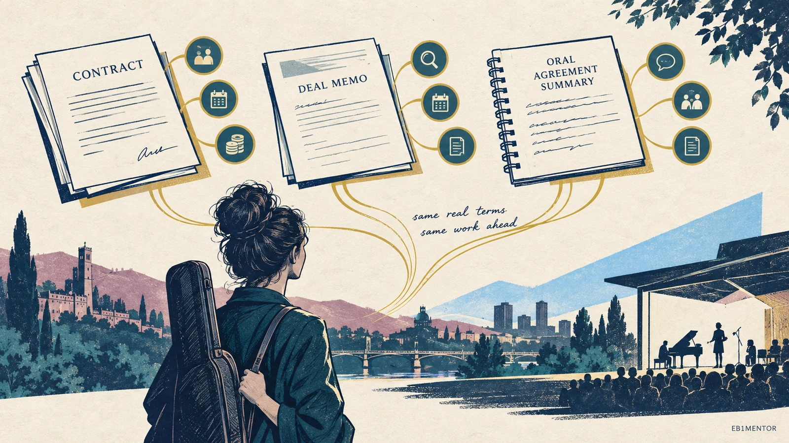 Editorial sketch illustrating Contracts, Deal Memos, and Summaries of Oral Agreements