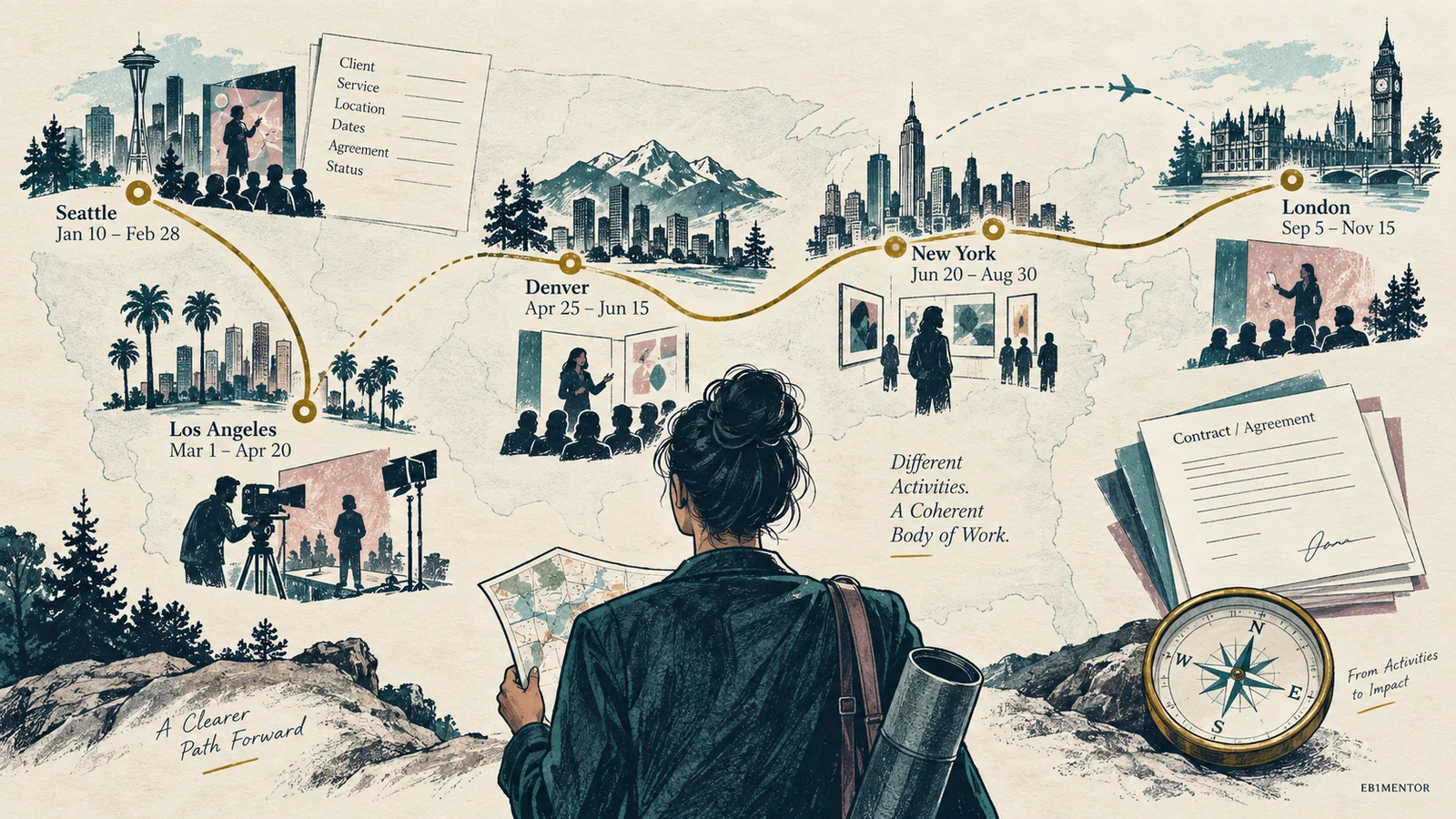 Editorial sketch illustrating Itineraries, Events, Activities, and the Scope of Proposed Work