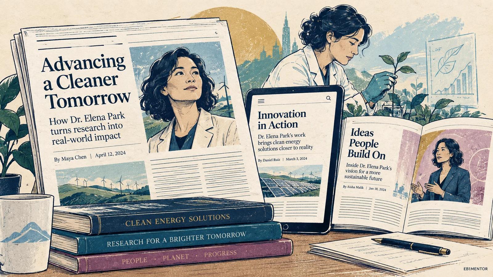 Editorial sketch illustrating O-1A Published Material About the Beneficiary and Their Work